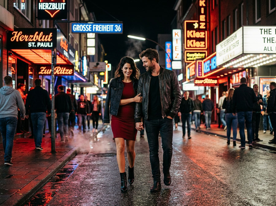 Couple walking Reeperbahn at night